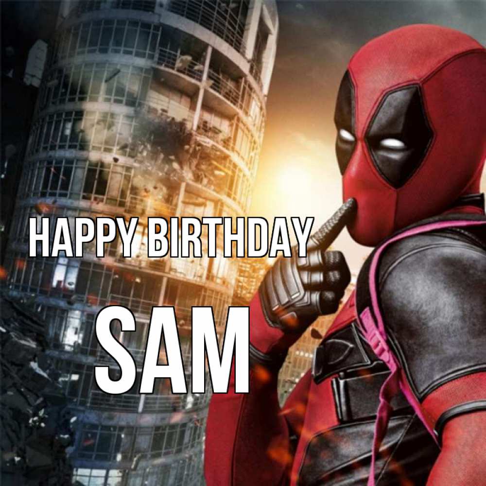 Greetings card с именем, Sam Happy Birthday с супергероями Greetings with text for free download 