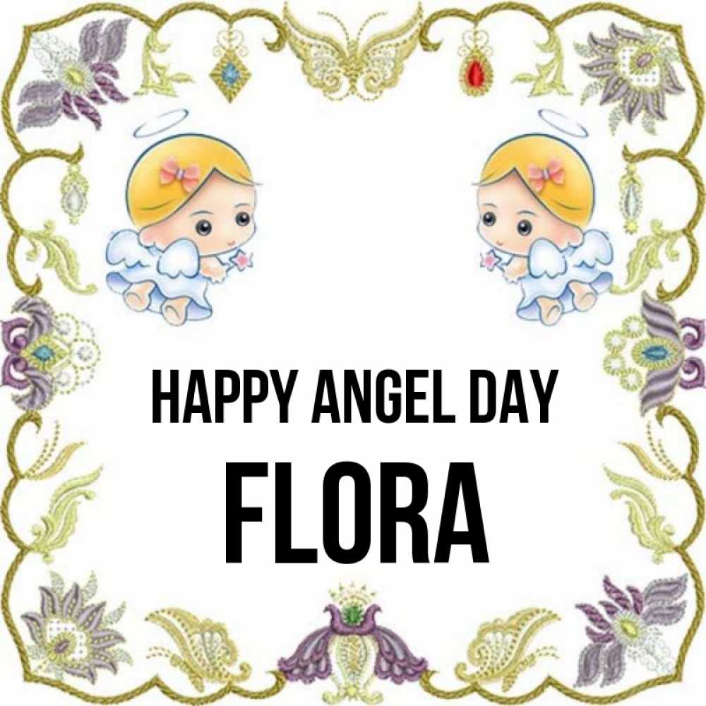 Greetings card с именем, Flora happy angel day маленькие ангелы с крылышками Greetings with text for free download 