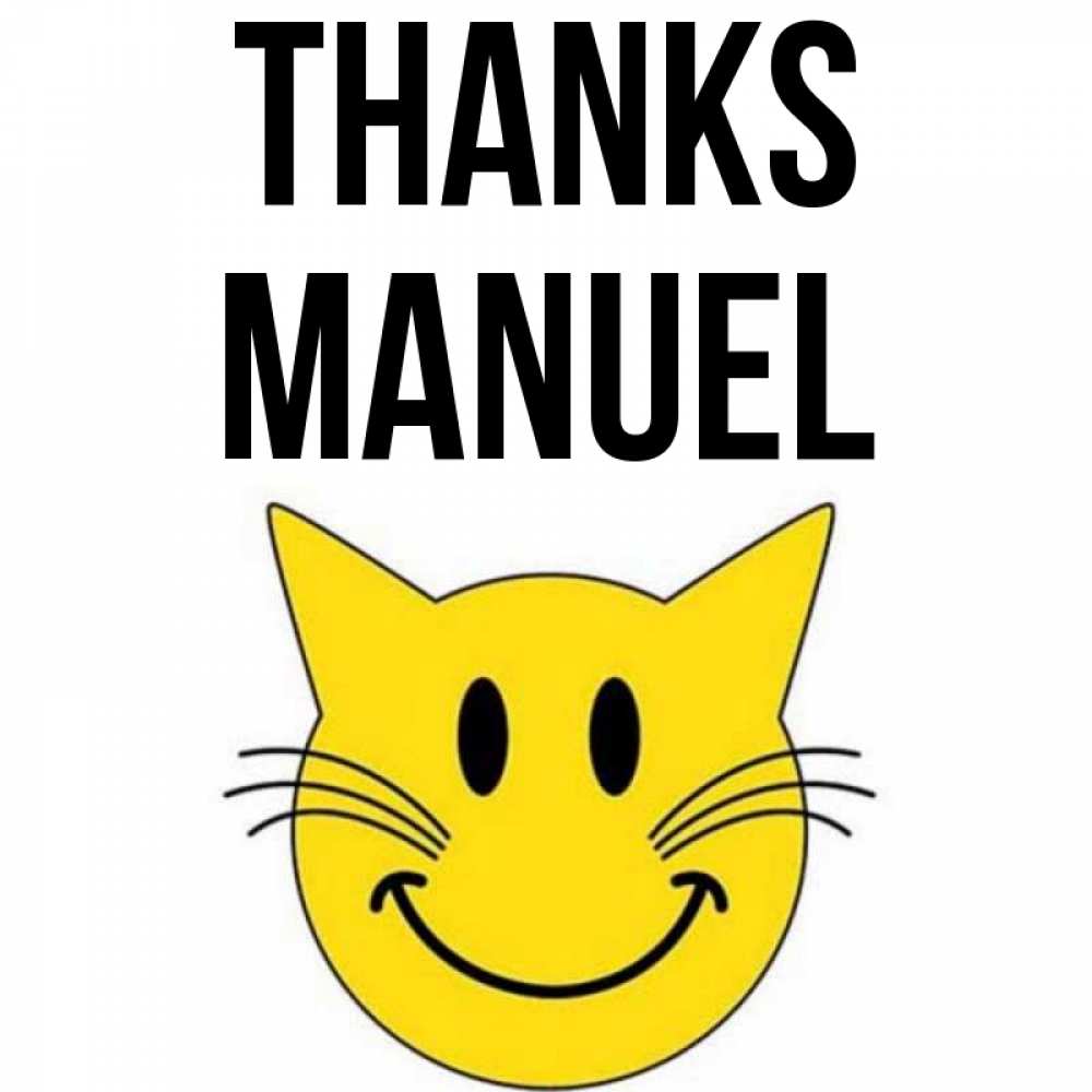 Greetings card с именем, Manuel Thanks улыбающийся смайл кот Greetings with text for free download 