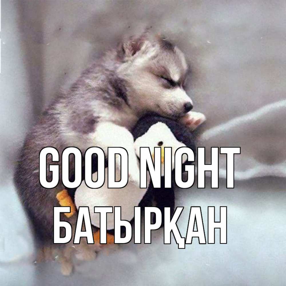 Greetings card с именем, Батырқан Good night обнимашки щенка и пингвина Greetings with text for free download 