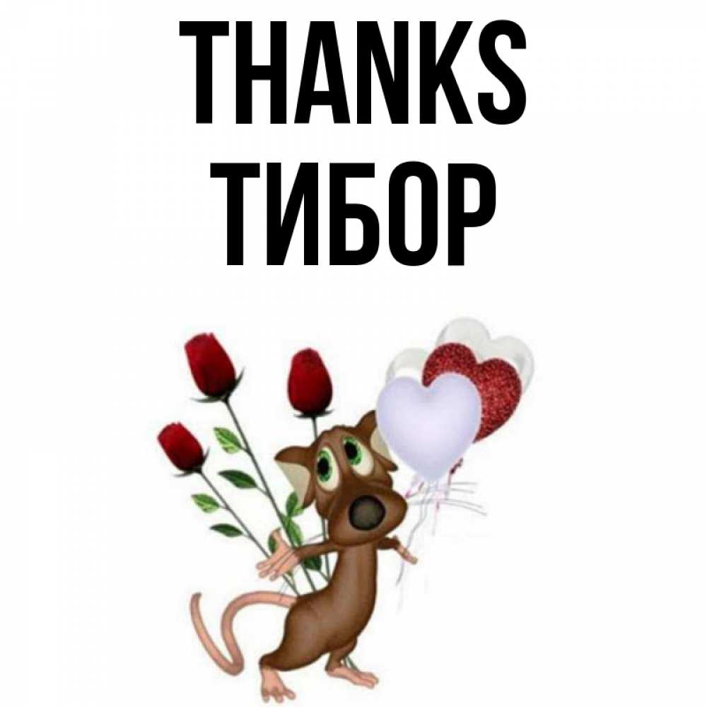 Greetings card с именем, Тибор Thanks песик с шариками в форме сердец Greetings with text for free download 