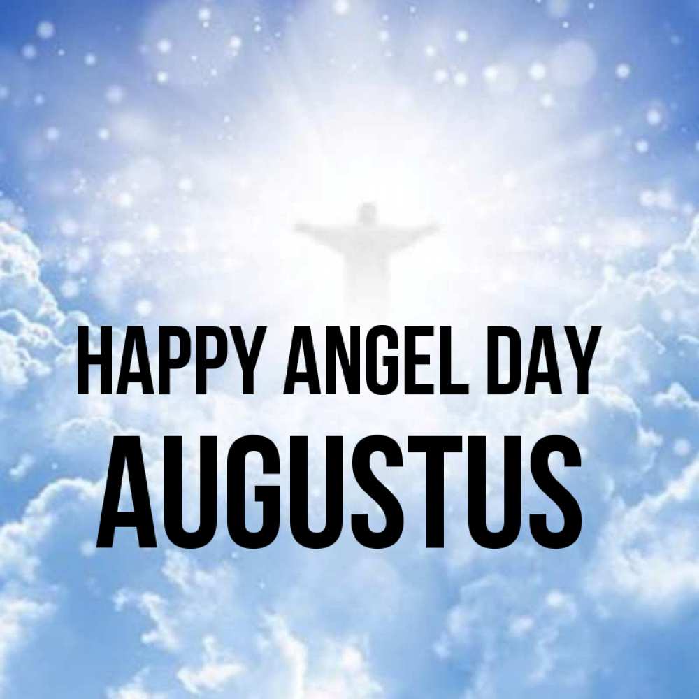 Greetings card с именем, Augustus happy angel day ангел на облаках в свете солнца Greetings with text for free download 