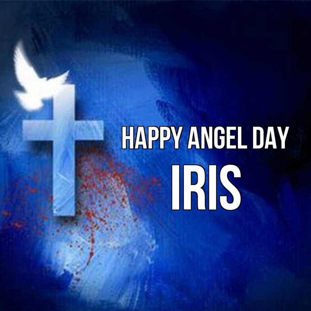Greetings card с именем, Iris happy angel day Синий фон и птица Greetings with text for free download 