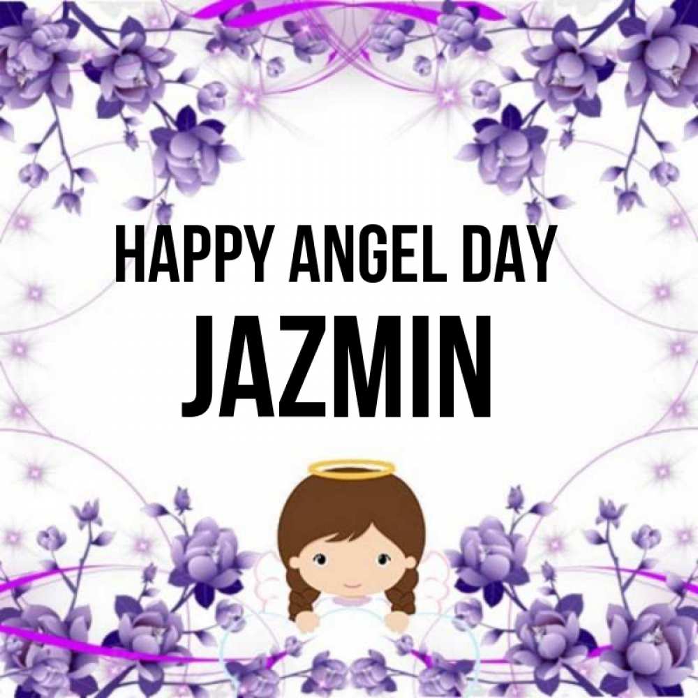 Greetings card с именем, Jazmin happy angel day с именинами в рамочке Greetings with text for free download 