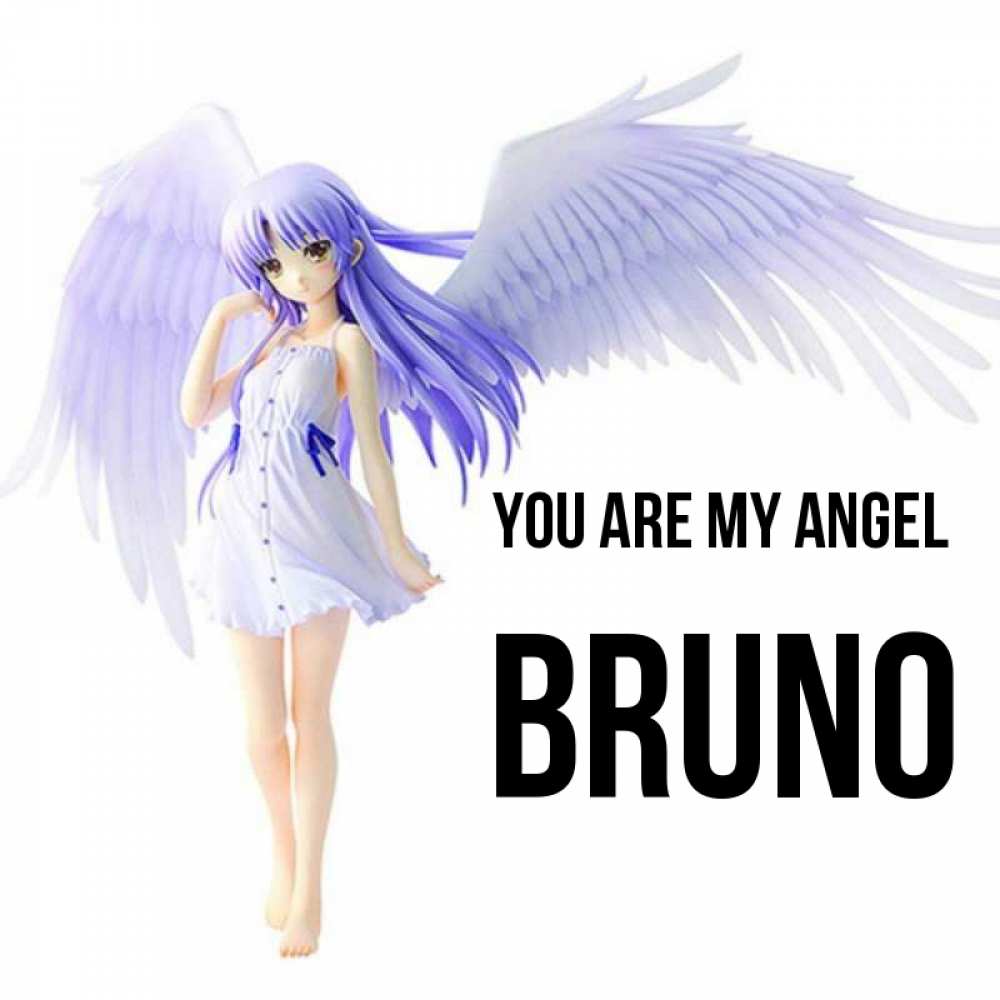Greetings card с именем, Bruno You are my angel девушка ангел с фиолетовыми крыльями Greetings with text for free download 