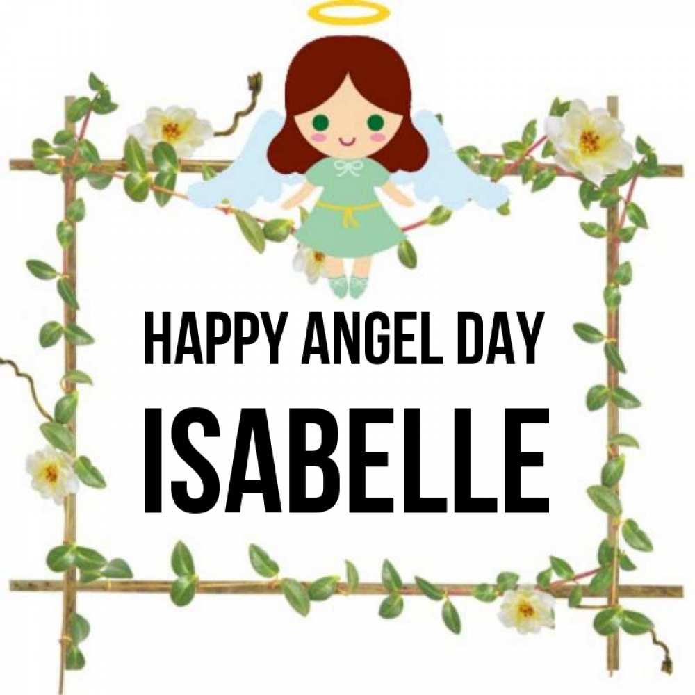 Greetings card с именем, Isabelle happy angel day Ангел с нимбом Greetings with text for free download 