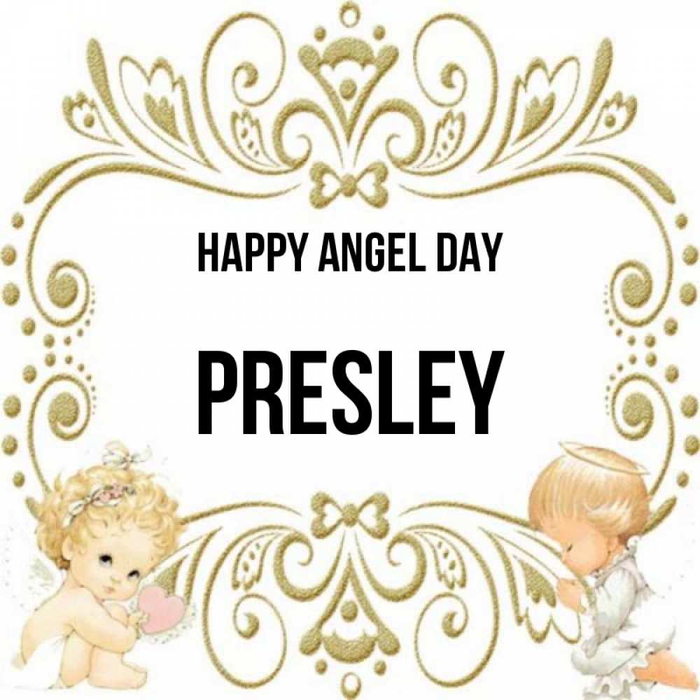 Greetings card с именем, Presley happy angel day с именинами поздравляют два красивых ангела. Один с сердечком другой молится Greetings with text for free download 