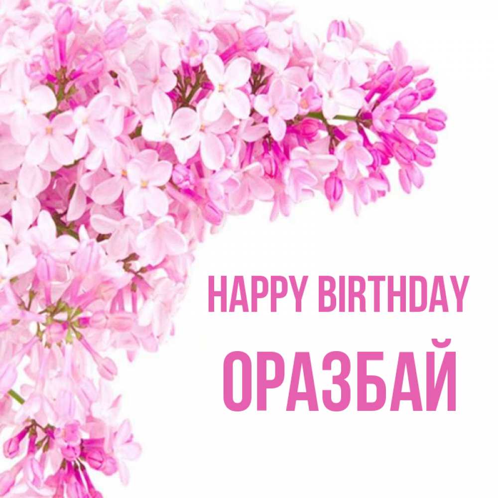 Greetings card с именем, ОРАЗБАЙ Happy Birthday Сирень на белом фоне Greetings with text for free download 
