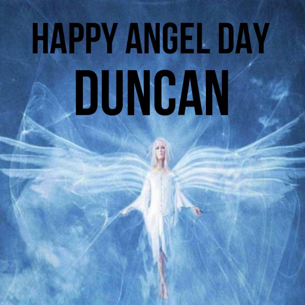 Greetings card с именем, Duncan happy angel day голубой фон и крылья как у стрекозы Greetings with text for free download 