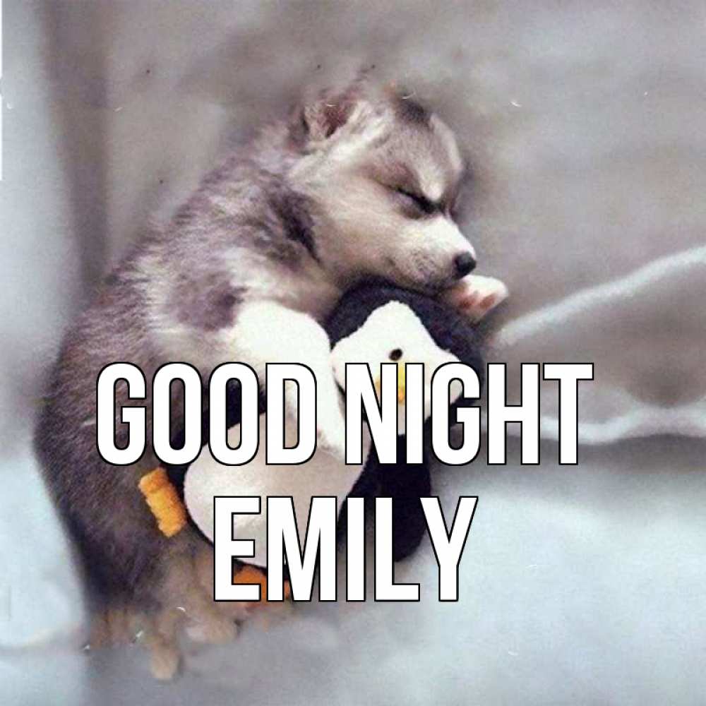 Greetings card с именем, Emily Good night обнимашки щенка и пингвина Greetings with text for free download 