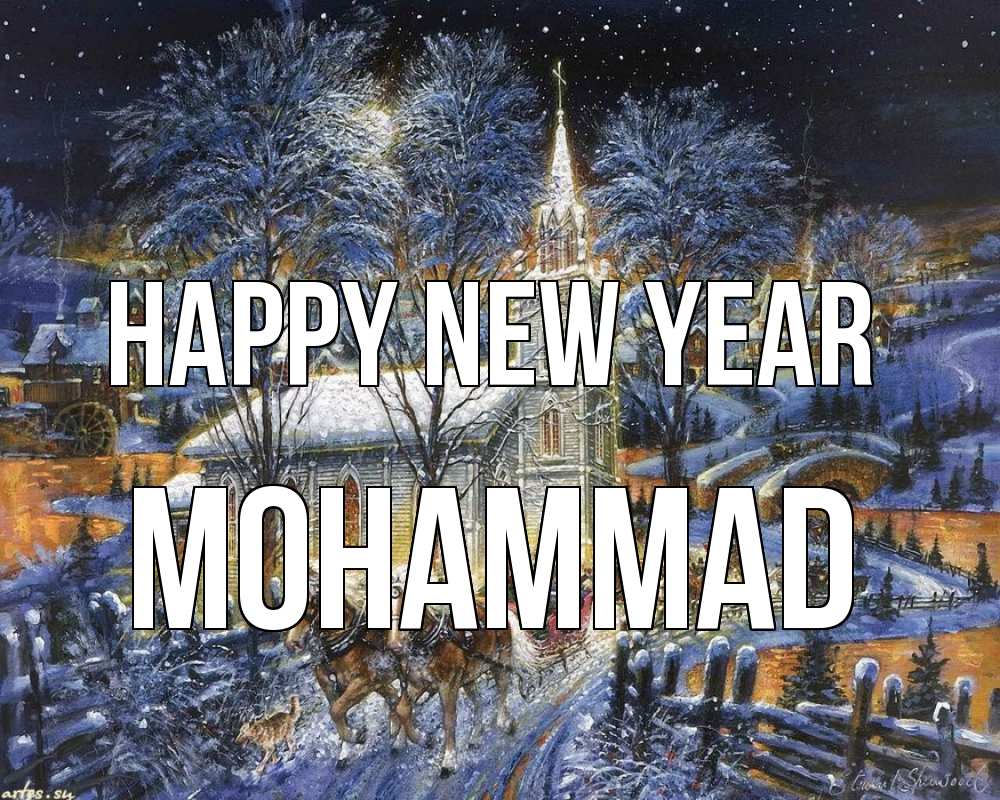 Greetings card с именем, Mohammad Happy New Year упряжка лошадей, лошади, новый год Greetings with text for free download 