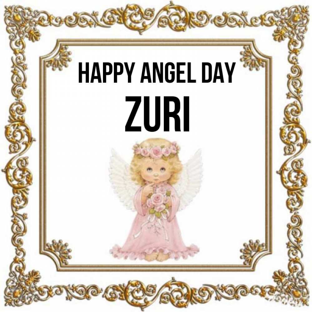 Greetings card с именем, Zuri happy angel day девочка ангел с крыльями и цветами в розовом платье Greetings with text for free download 