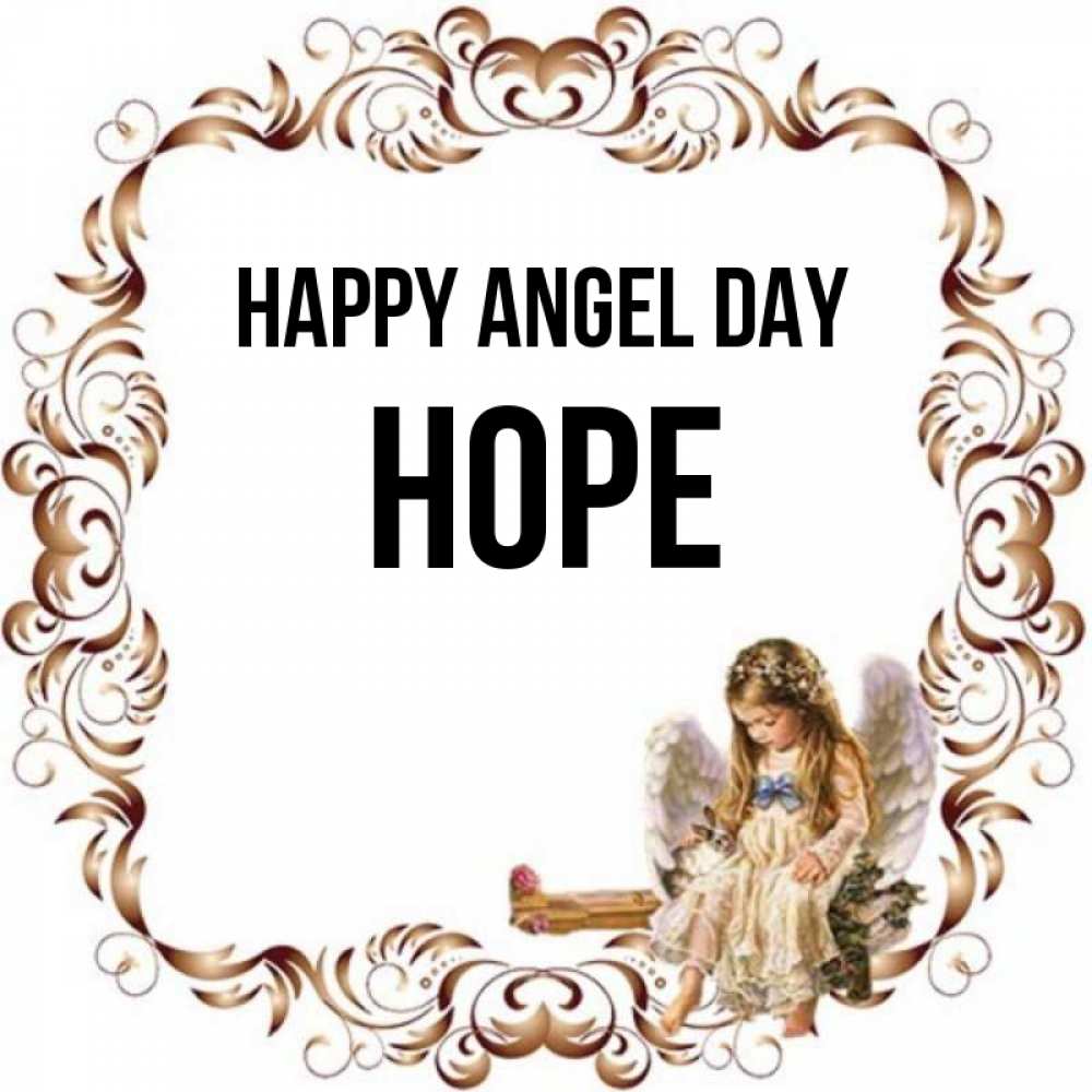 Greetings card с именем, Hope happy angel day рамочка из перьев и ангелочек Greetings with text for free download 