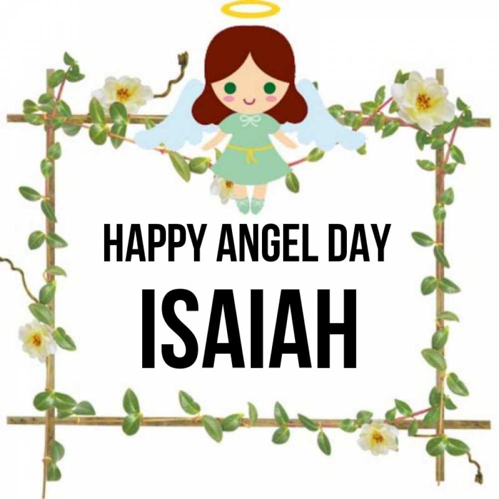 Greetings card с именем, Isaiah happy angel day Ангел с нимбом Greetings with text for free download 