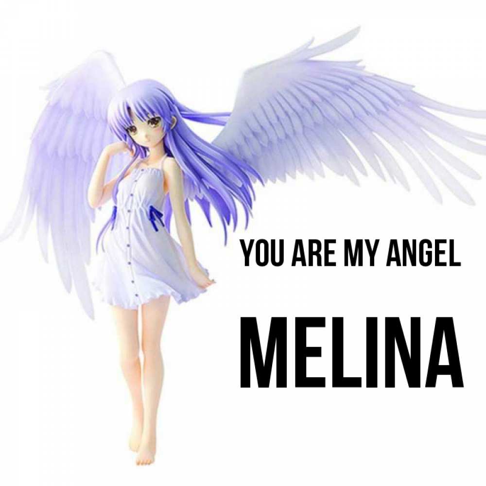 Greetings card с именем, Melina You are my angel девушка ангел с фиолетовыми крыльями Greetings with text for free download 