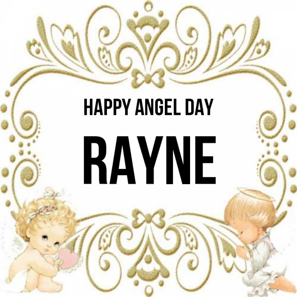 Greetings card с именем, Rayne happy angel day с именинами поздравляют два красивых ангела. Один с сердечком другой молится Greetings with text for free download 
