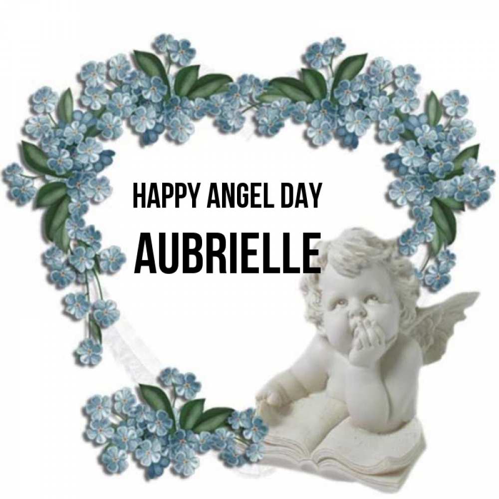 Greetings card с именем, Aubrielle happy angel day голубые цветы и мраморный ангел Greetings with text for free download 