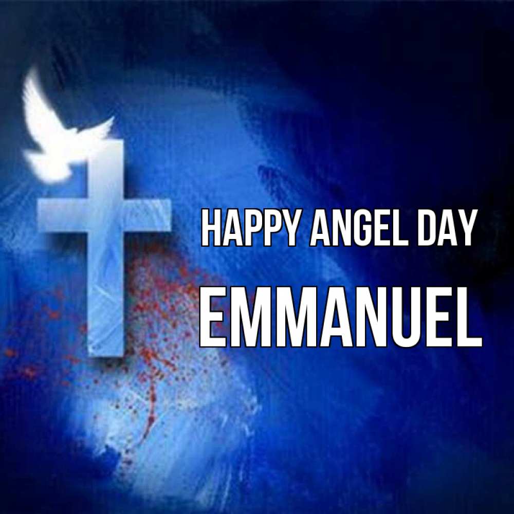 Greetings card с именем, Emmanuel happy angel day Синий фон и птица Greetings with text for free download 
