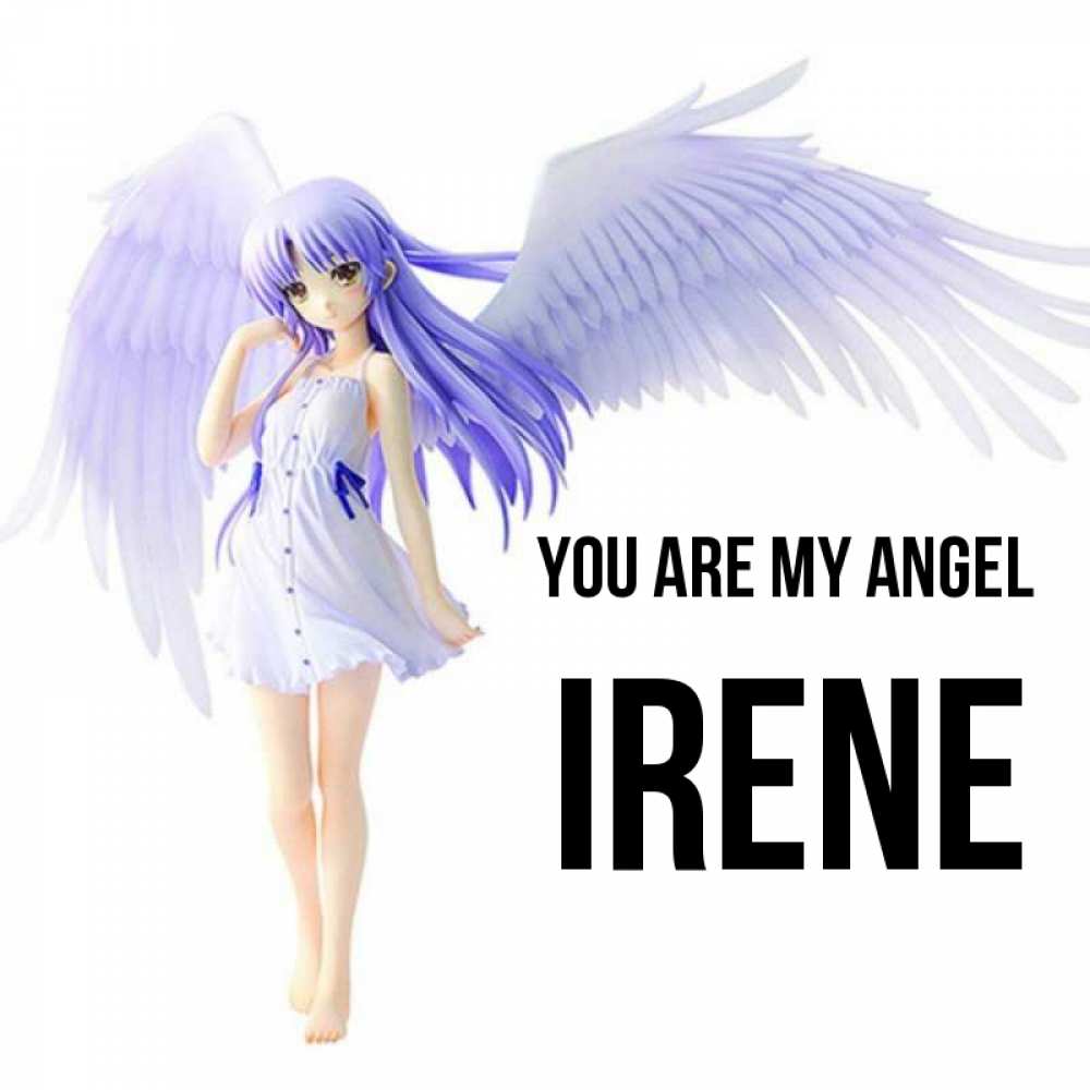 Greetings card с именем, Irene You are my angel девушка ангел с фиолетовыми крыльями Greetings with text for free download 