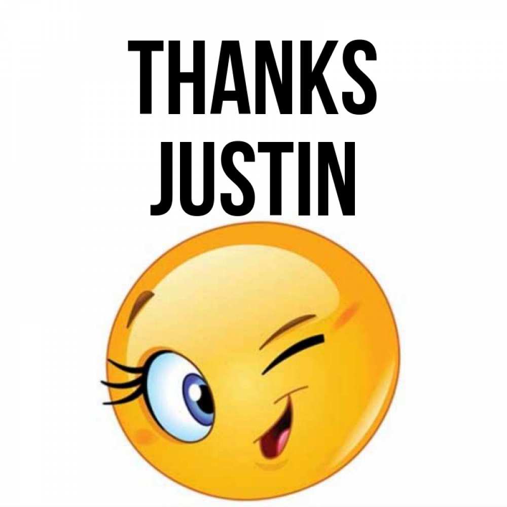 Greetings card с именем, Justin Thanks открытка с подмигивающим смайлом Greetings with text for free download 