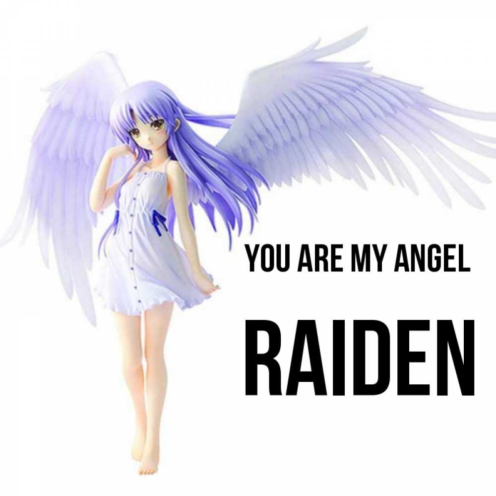 Greetings card с именем, Raiden You are my angel девушка ангел с фиолетовыми крыльями Greetings with text for free download 