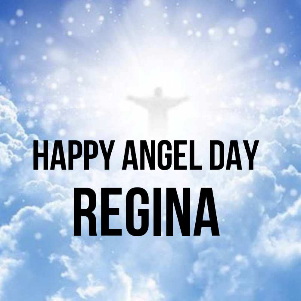 Greetings card с именем, Regina happy angel day ангел на облаках в свете солнца Greetings with text for free download 