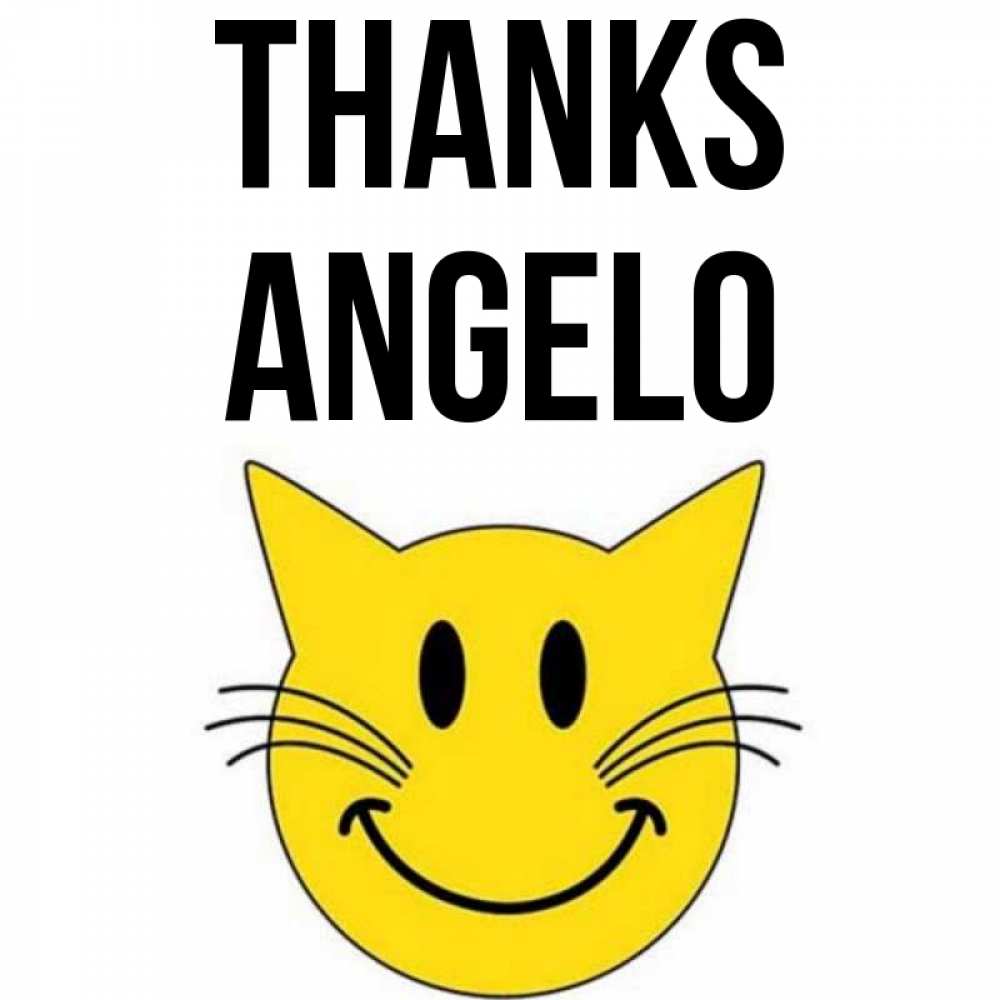 Greetings card с именем, Angelo Thanks улыбающийся смайл кот Greetings with text for free download 