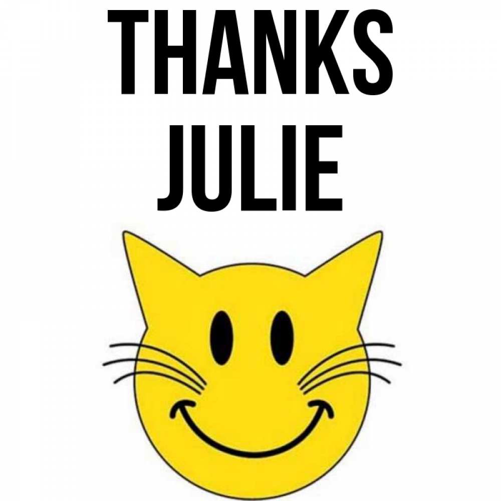 Greetings card с именем, Julie Thanks улыбающийся смайл кот Greetings with text for free download 