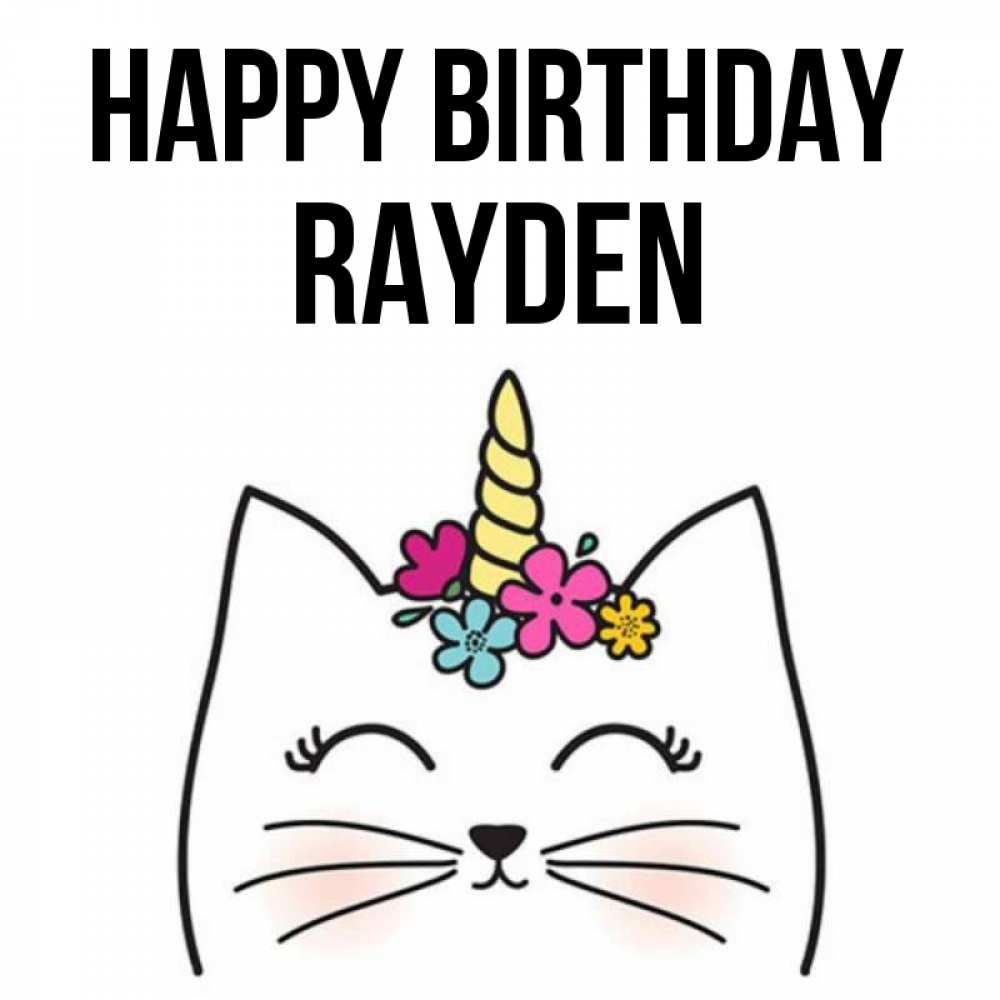 Greetings card с именем, Rayden Happy Birthday милый кот с одним рожком Greetings with text for free download 