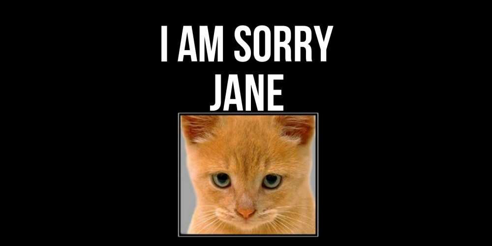 Greetings card с именем, Jane I am sorry рыжий грустный кот просит прощения Greetings with text for free download 