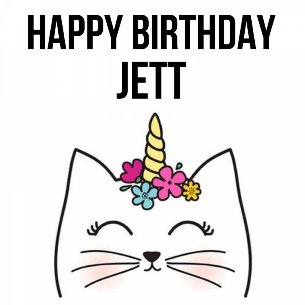 Greetings card с именем, Jett Happy Birthday милый кот с одним рожком Greetings with text for free download 