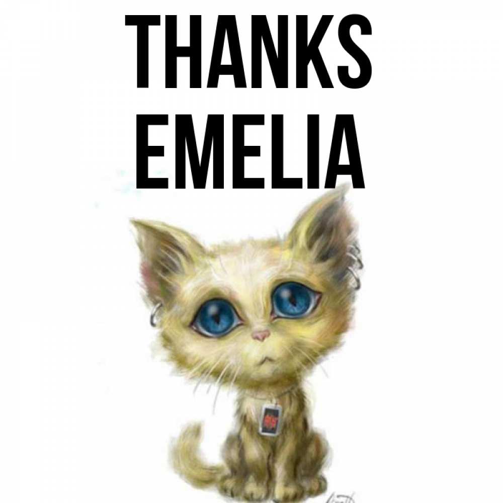 Greetings card с именем, Emelia Thanks рисованный кот благодарит вас Greetings with text for free download 