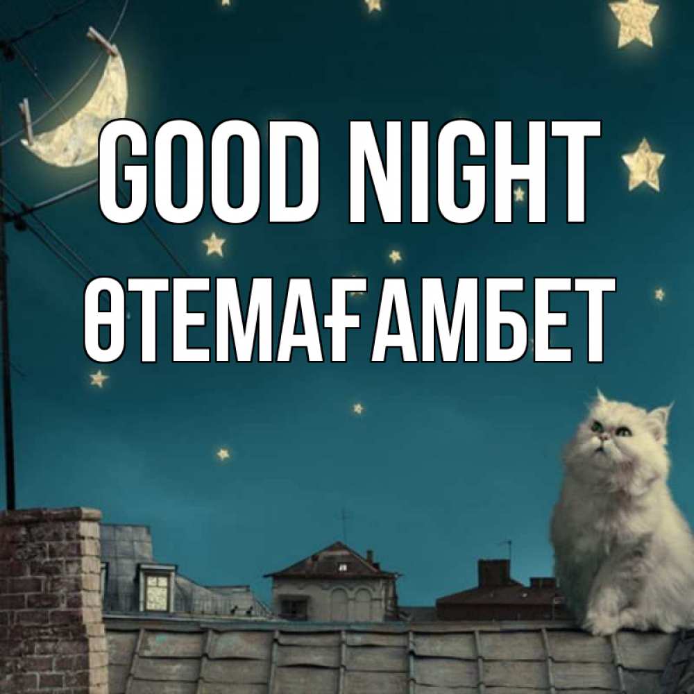 Greetings card с именем, ӨТЕМАҒАМБЕТ Good night белый кот сидит на крыше Greetings with text for free download 