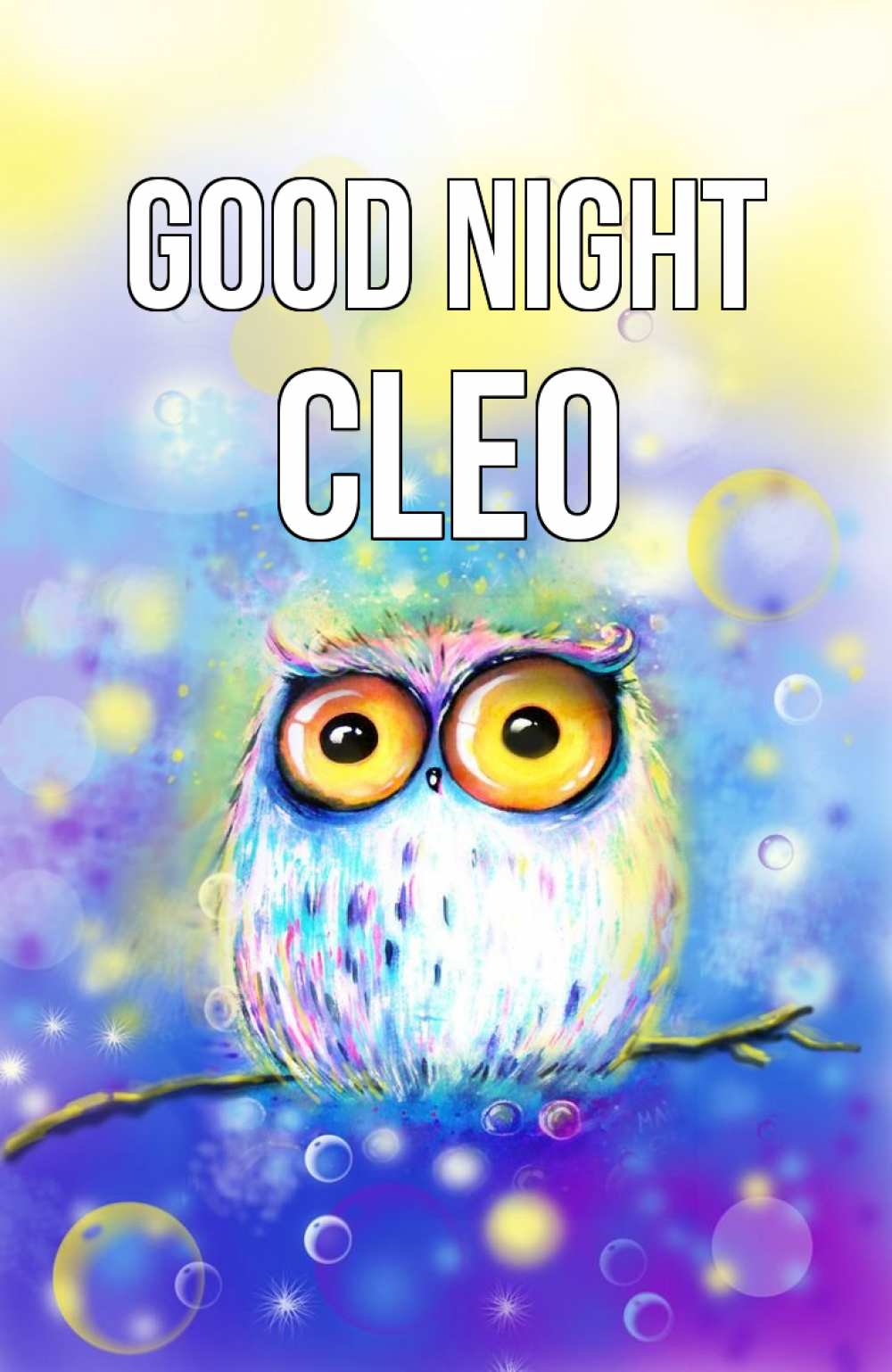 Greetings card с именем, Cleo Good night большие глаза Greetings with text for free download 