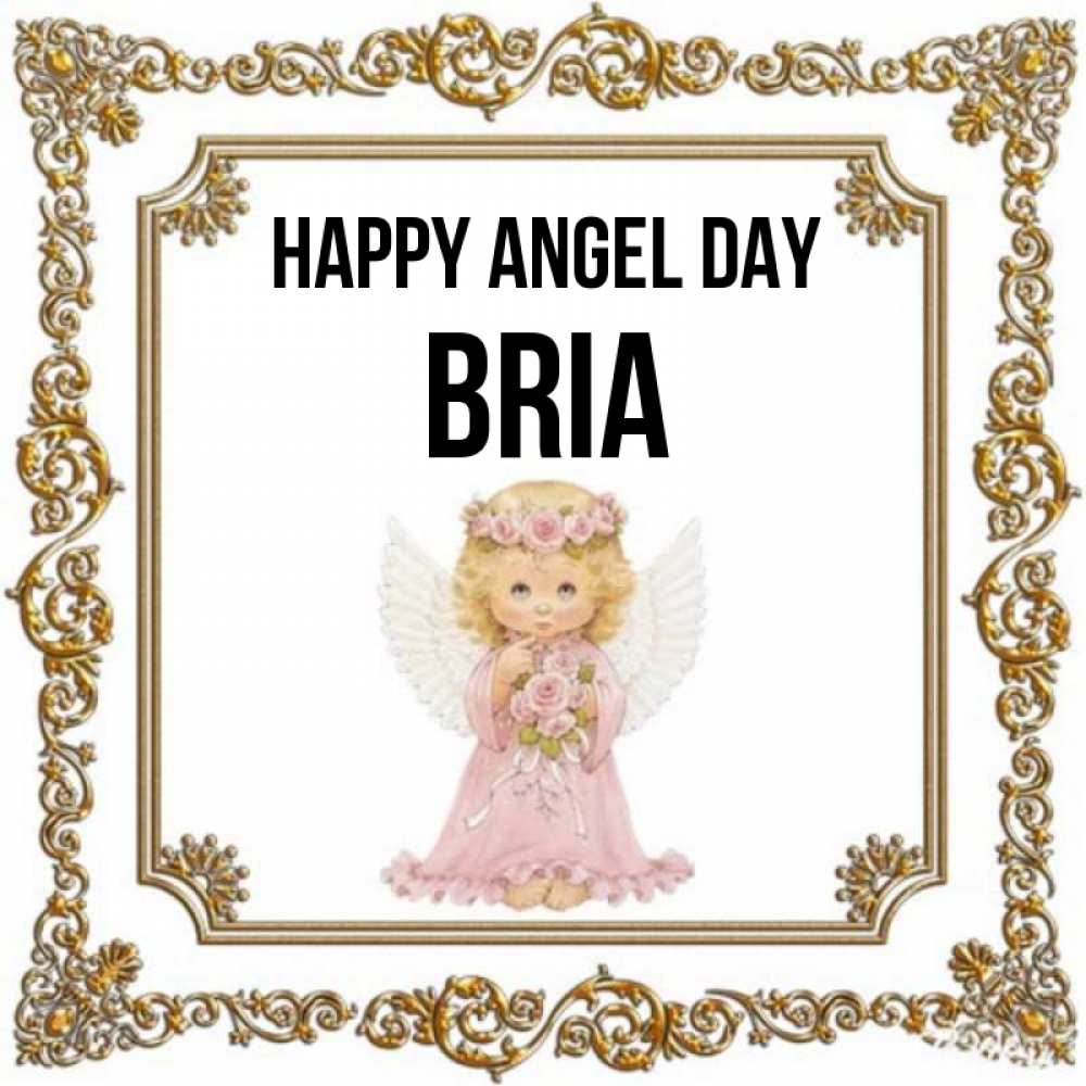 Greetings card с именем, Bria happy angel day девочка ангел с крыльями и цветами в розовом платье Greetings with text for free download 