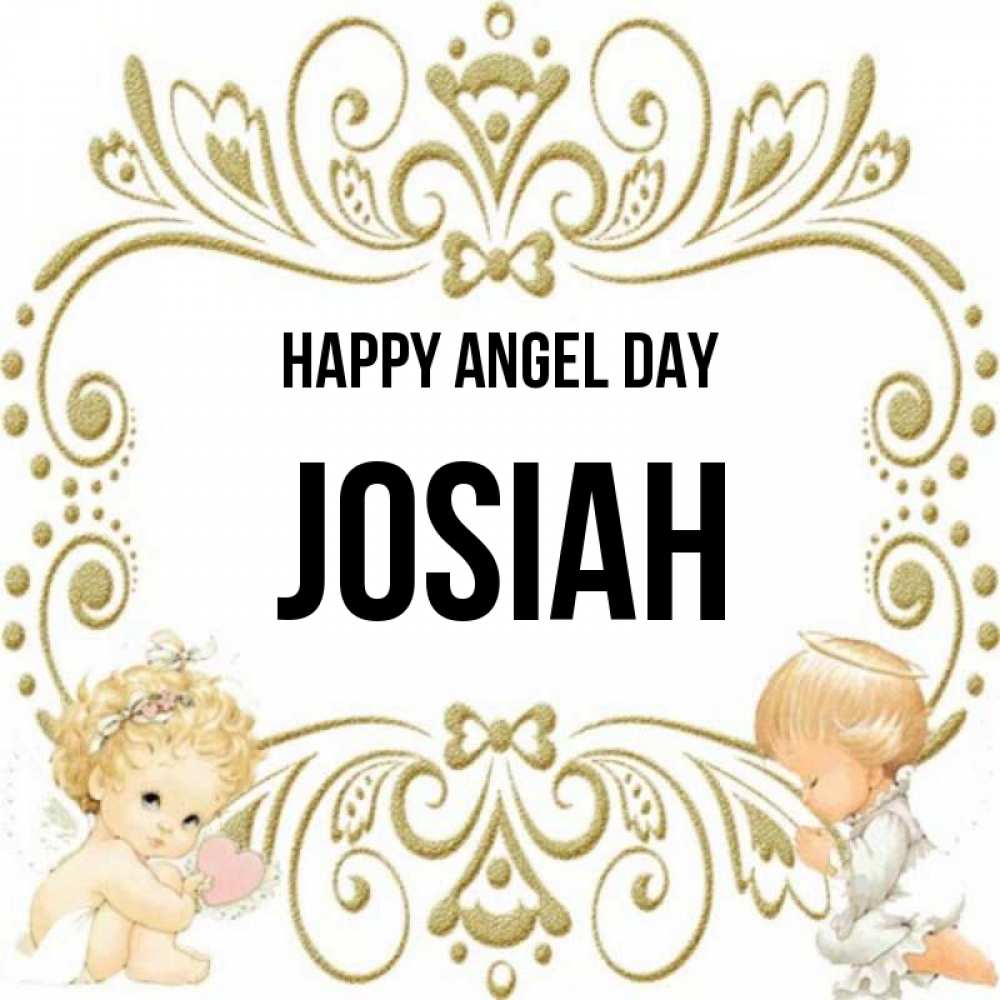 Greetings card с именем, Josiah happy angel day с именинами поздравляют два красивых ангела. Один с сердечком другой молится Greetings with text for free download 
