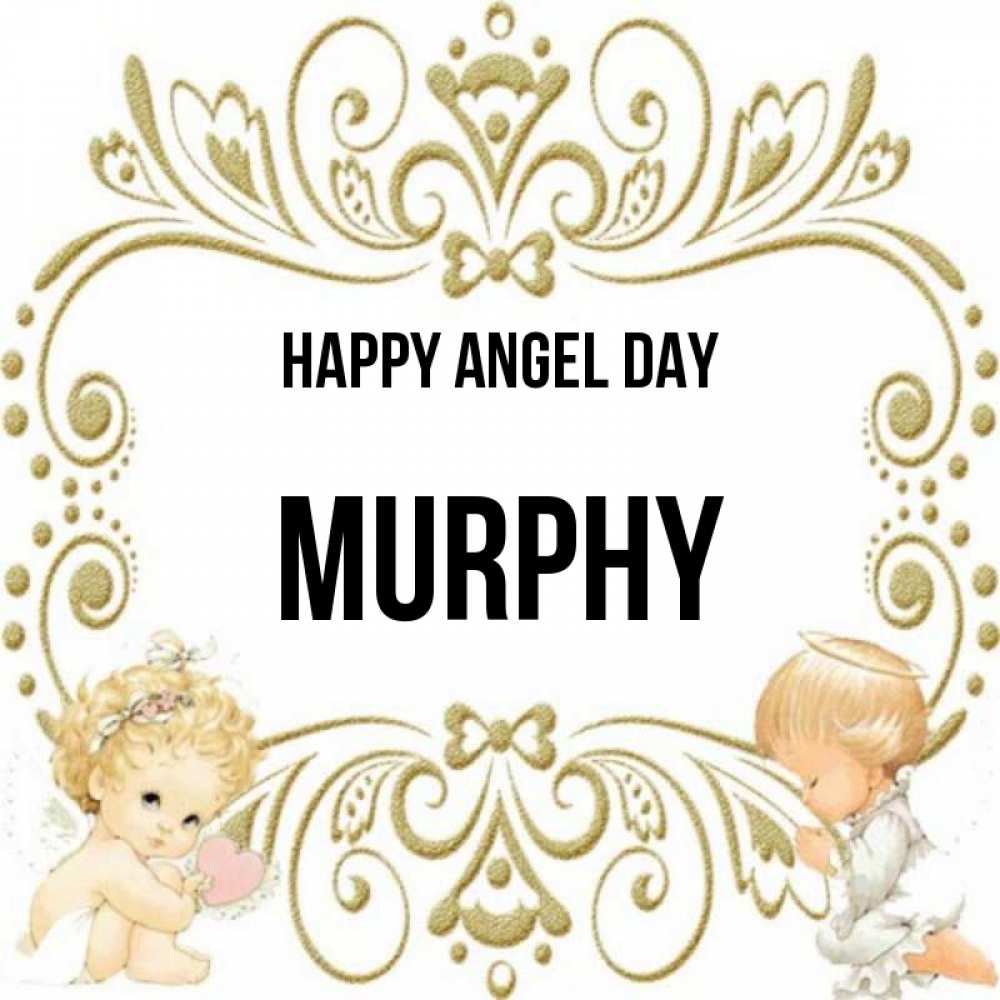 Greetings card с именем, Murphy happy angel day с именинами поздравляют два красивых ангела. Один с сердечком другой молится Greetings with text for free download 
