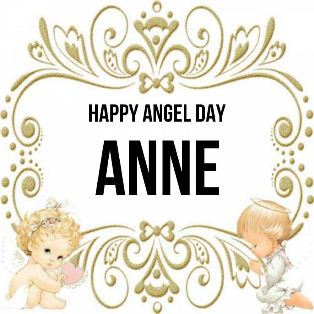 Greetings card с именем, Anne happy angel day с именинами поздравляют два красивых ангела. Один с сердечком другой молится Greetings with text for free download 