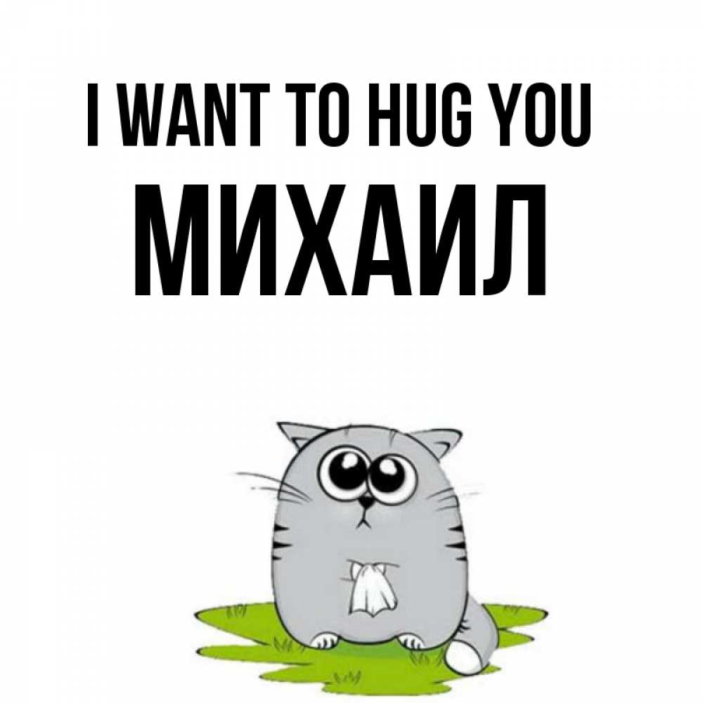 Greetings card с именем, Михаил I want to hug you котик теребит платочек сидя на травке Greetings with text for free download 