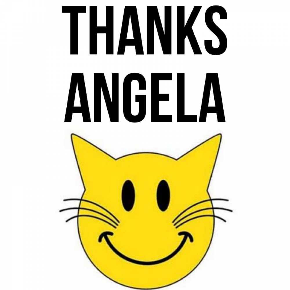Greetings card с именем, Angela Thanks улыбающийся смайл кот Greetings with text for free download 