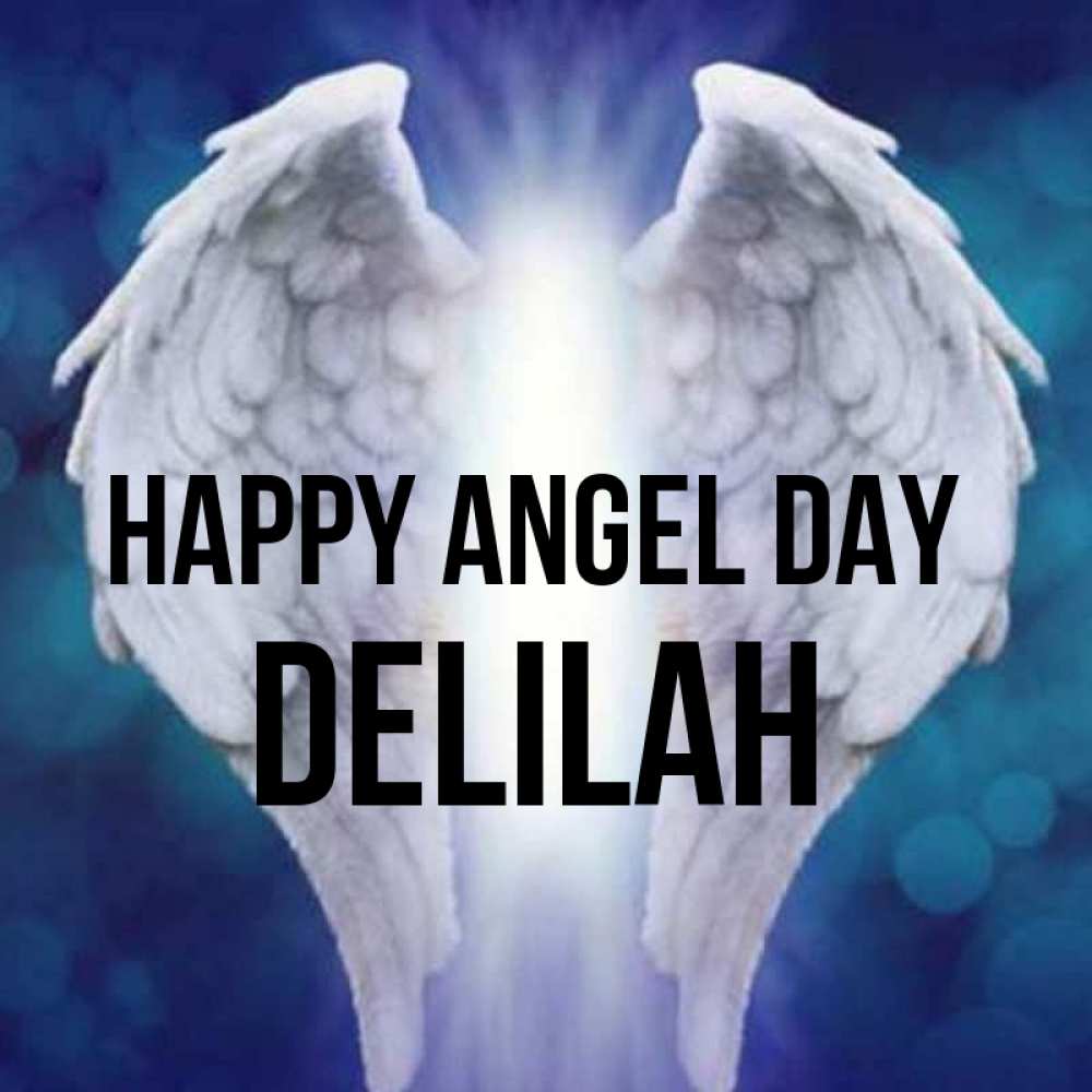 Greetings card с именем, Delilah happy angel day синий фон и крылышки Greetings with text for free download 