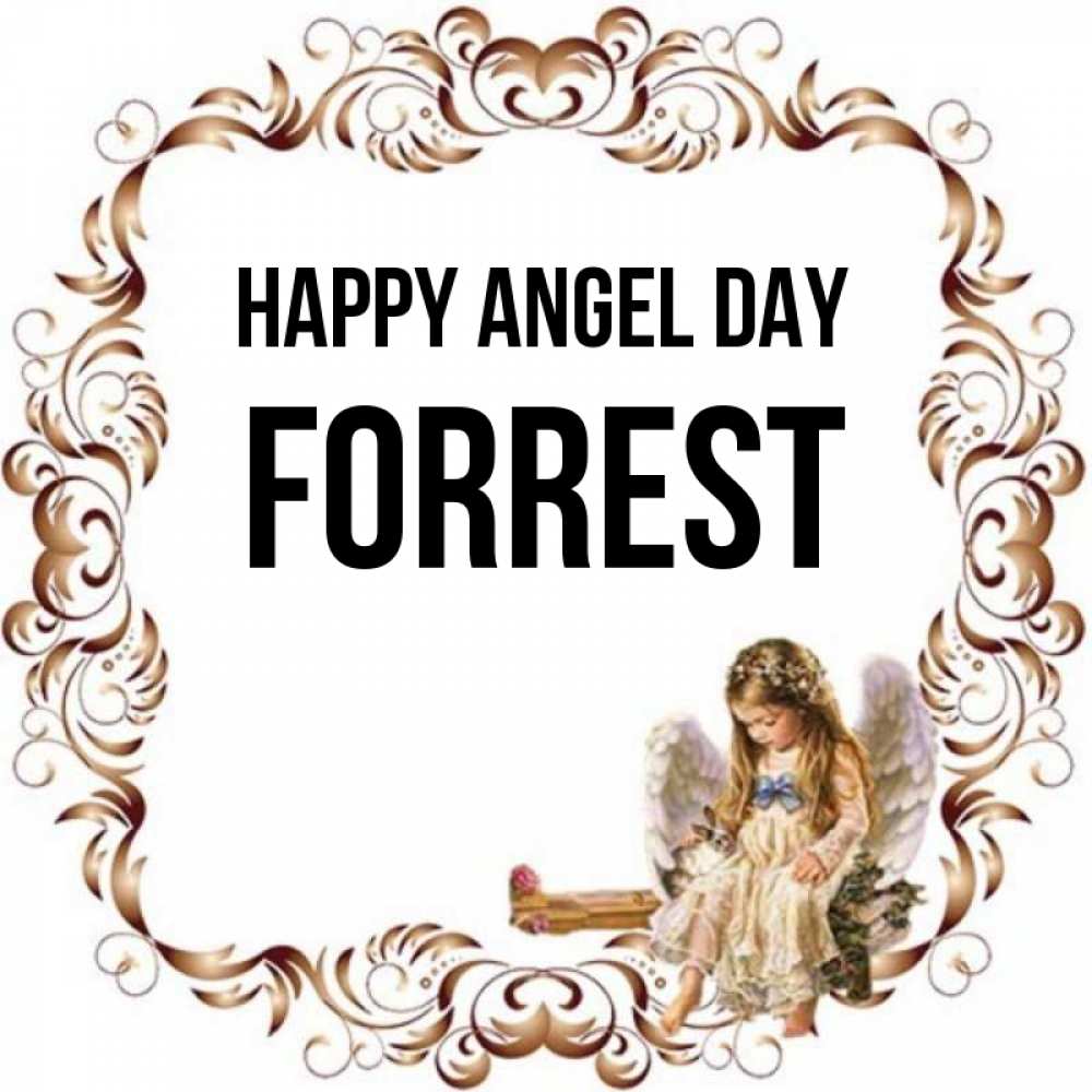 Greetings card с именем, Forrest happy angel day рамочка из перьев и ангелочек Greetings with text for free download 