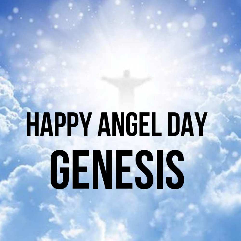 Greetings card с именем, Genesis happy angel day ангел на облаках в свете солнца Greetings with text for free download 