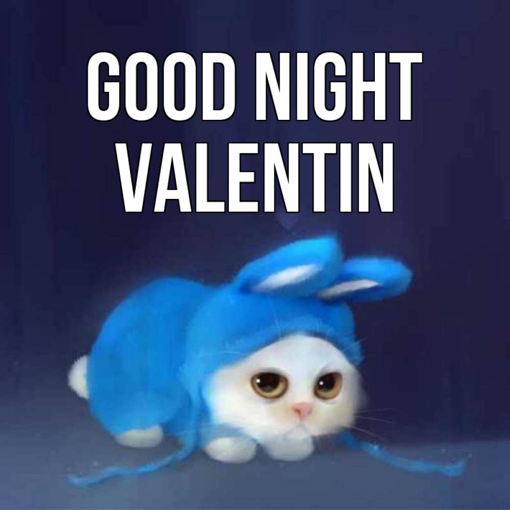 Greetings card с именем, Valentin Good night кот в голубом костюме кролика с ушками Greetings with text for free download 