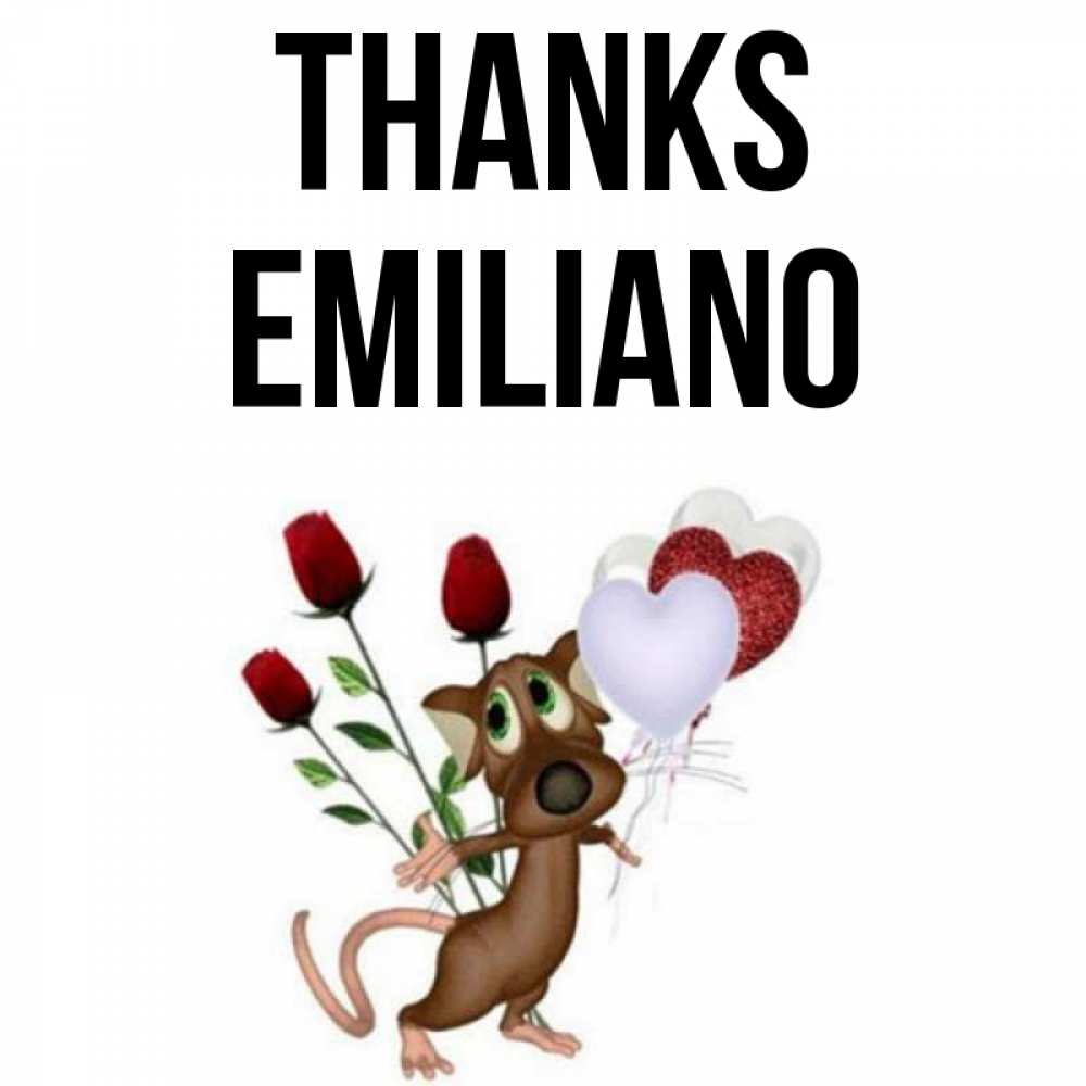 Greetings card с именем, Emiliano Thanks песик с шариками в форме сердец Greetings with text for free download 