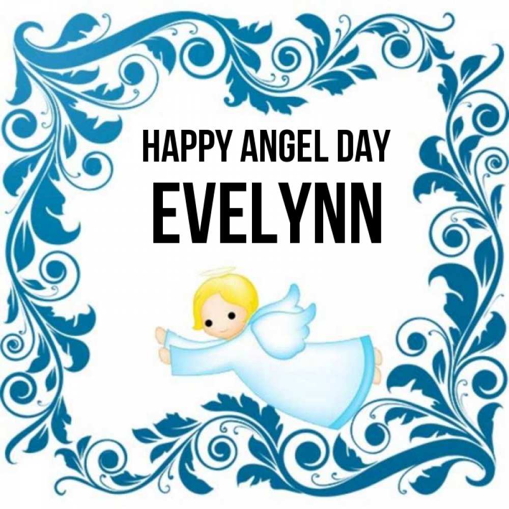 Greetings card с именем, Evelynn happy angel day девочка ангел и синяя рамка Greetings with text for free download 