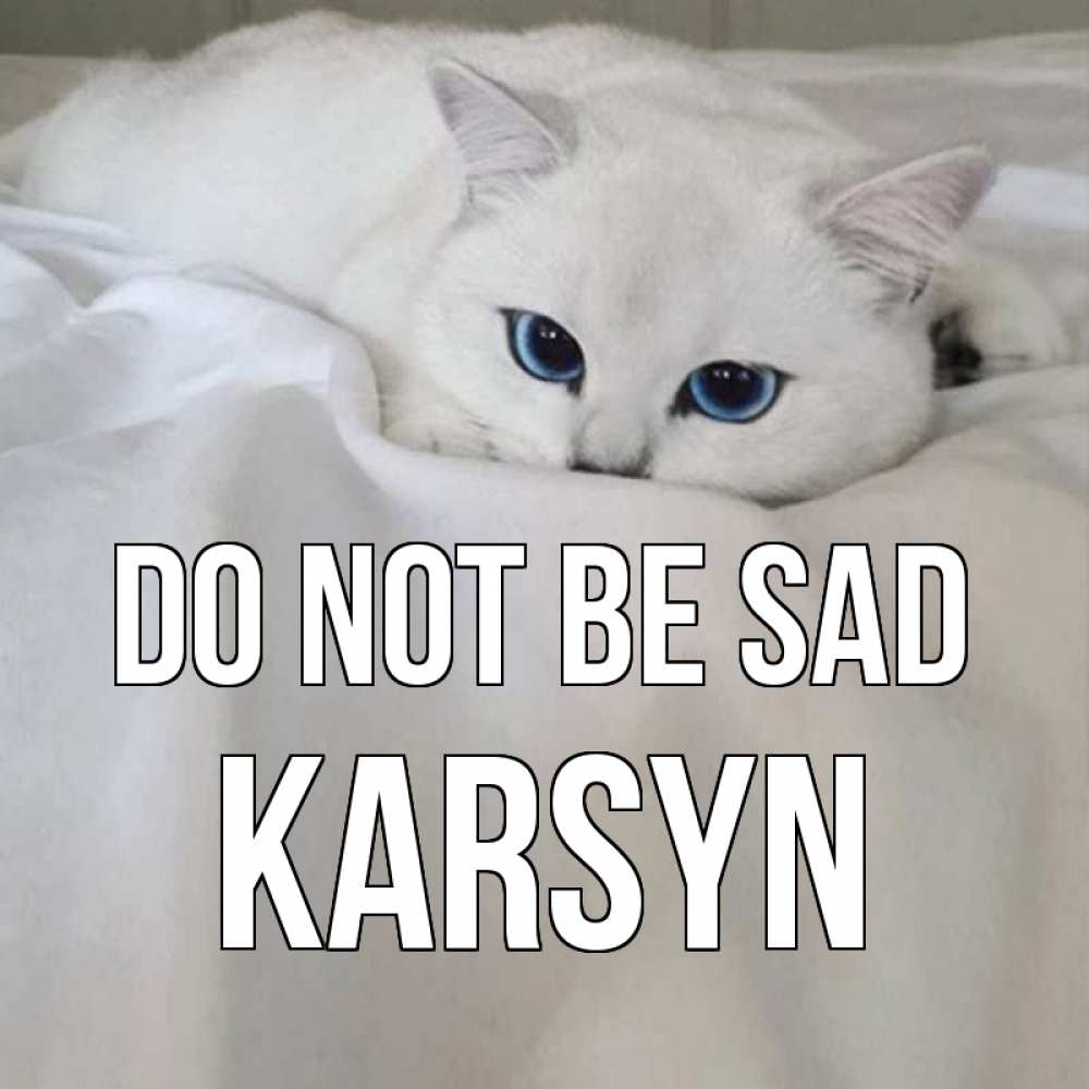 Greetings card с именем, Karsyn Do not be sad белый кот с голубыми глазами на белоснежной кровати Greetings with text for free download 