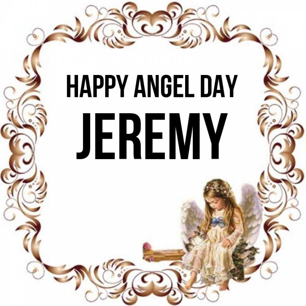 Greetings card с именем, Jeremy happy angel day рамочка из перьев и ангелочек Greetings with text for free download 