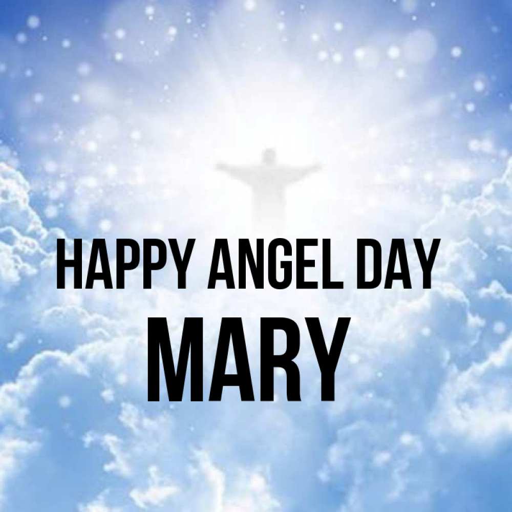 Greetings card с именем, Mary happy angel day ангел на облаках в свете солнца Greetings with text for free download 