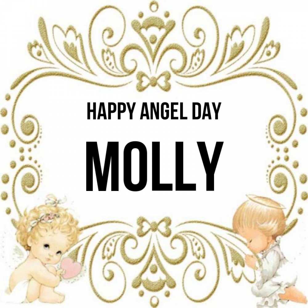 Greetings card с именем, Molly happy angel day с именинами поздравляют два красивых ангела. Один с сердечком другой молится Greetings with text for free download 